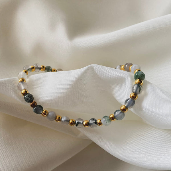 bracelet en perles pierres naturelles quartz agate mousse vert gris