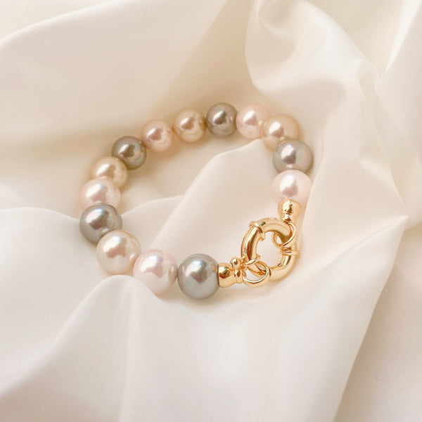 bijou bracelet rose poudré gris perle de majorque fermoir marin rond